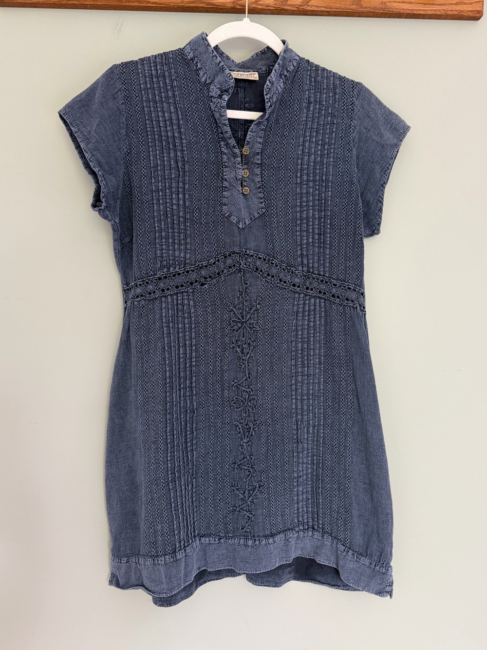 Caamano Blue 100% Cotton Cutout Popover Button Mini Dress Swimsuit Cover